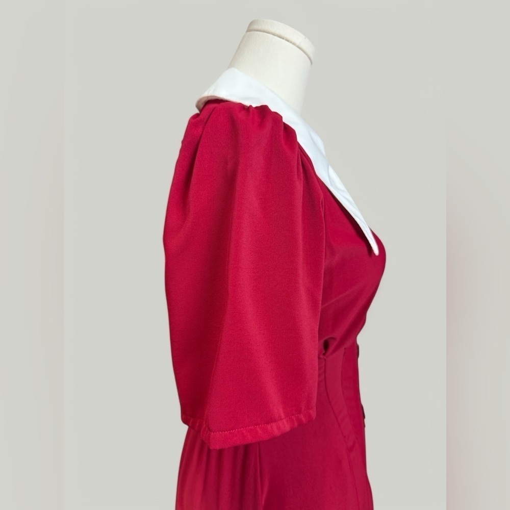 Dress Women Size Small Red Long Exaggerated Collar Puff Sleeves Sinch Waist - Picture 8 of 10
